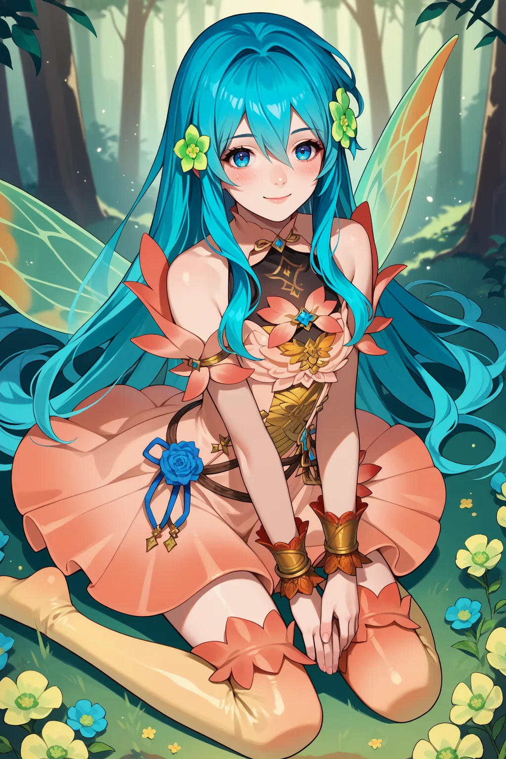score_9, score_8_up, score_7_up, score_6_up, source_anime, 1girl, solo <lora:resplendenteirika-pdxl-nvwls-v1-000005:1> rsEir, cyan hair, long hair, hair between eyes, hair flower, green flower, pink dress, gradient clothes, insect wings, bracelet, gradient thighhighs, kneeling, full body, looking at you, smile, blush, forest, night