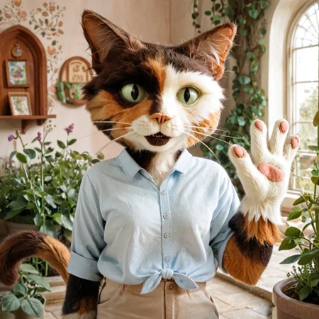 score_9, score_8, score_7, RosaTH, cat, whiskers, calico, furry, female, animal focus, collared shirt, shorts, animal, cat, whiskers,fullbody, indoors, ((cat tail)), ((half body)), ((waving with hand)), ((greeting)),((four fingers)), ((garden house)), ((looking at viewer))