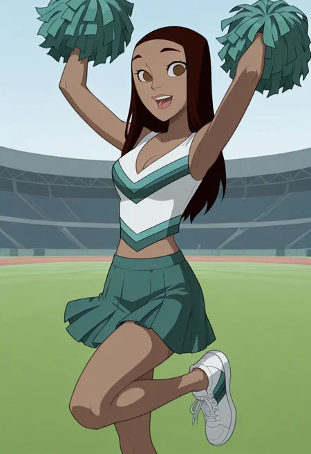 football field background, outside, day, day time, 2d, 1girl, solo, 
Liz_Allen, dark skin, dark-skinned female, ebony, ebony female, brown eyes, brown hair, long hair, lips, sleeveless, white shirt, green stripes, green skirt, cheerleader outfit, white sneakers
 Upper body, looking at viewer, excited expression, Cleavage, holding pom poms, bare legs, cheerleader pose, leg up, arms up, open mouth