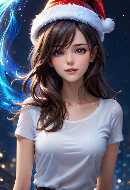 (masterpiece), 
1girl,
christmas hat,
white shirt,
blue aura light, blue energy,
brown hair,, floating hair, 
upper body shot, 
HDR, highly detailed, 32k, 
(sexy) mood, 
perfect face feature,