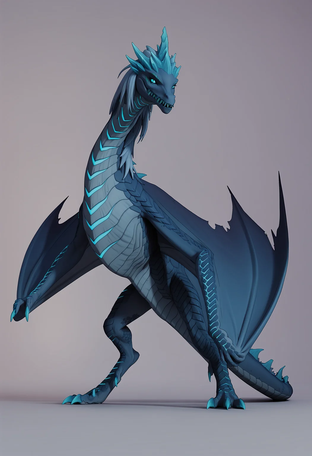 score_9, score_8_up, score_7_up, score_6_up, score_5_up, score_4_up, 1girl, <lora:Auroth:0.8> solo, no humans, feral, dragon, sharp teeth, teeth, wings, scales, colored skin, glowing, blue eyes, monster, hair, looking at viewer, full body,
simple background, light purple background, 3d, render,