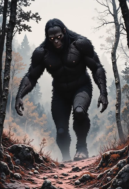 live action found footage, old photo, A video clip from a late-night 1990s cable access show featuring an interview with the creator of a 'Bigfoot' animatronic used in a local film. The footage includes behind-the-scenes shots of the Bigfoot in the forest, moving awkwardly but effectively enough to fool unprepared hikers, with eerie synth music playing in the background.