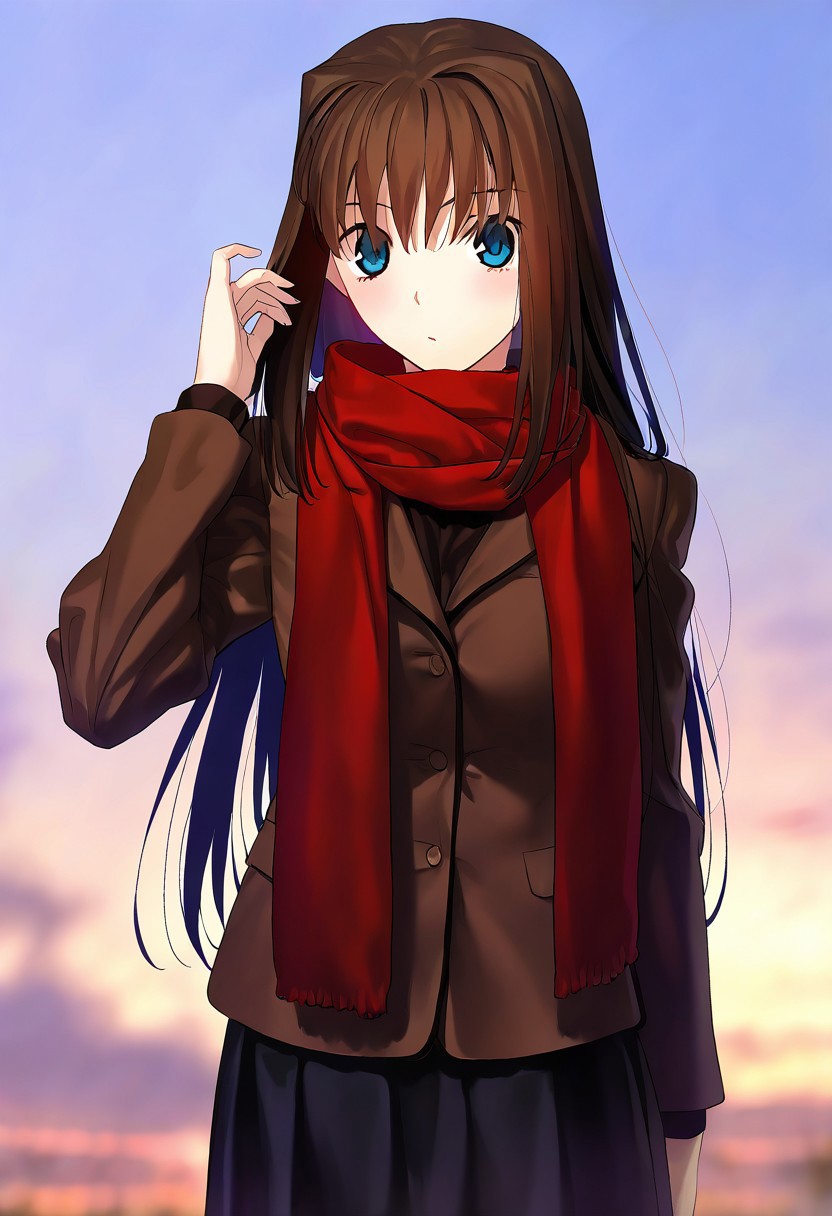 masterpiece, best quality, newest, absurdres, highres, safe, 1girl, aozaki aoko, mahou tsukai no yoru, koyama hirokazu, brown hair, long hair, blue eyes, school uniform, scarf, cowboy shot, looking at viewer, blush, outdoors, koyama hirokazu,