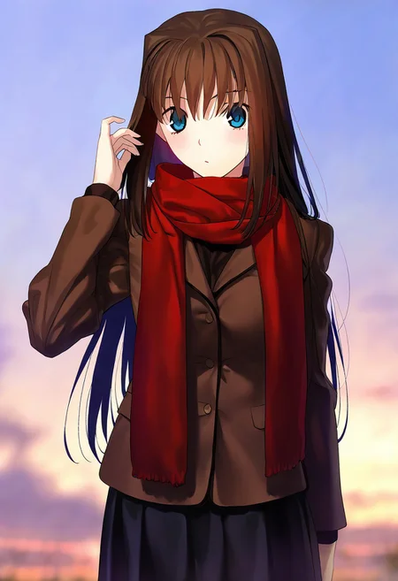 masterpiece, best quality, newest, absurdres, highres, safe, 1girl, aozaki aoko, mahou tsukai no yoru, koyama hirokazu, brown hair, long hair, blue eyes, school uniform, scarf, cowboy shot, looking at viewer, blush, outdoors, koyama hirokazu,