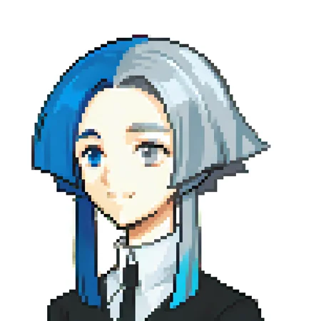 score_9, score_8_up, score_7_up, source_anime, fegbaportraits, portrait, white background, solo, 1girl, hskecls, smile, white skin, colored eyelashes, heterochromia, blue eyes, grey eyes, split-color hair, blue hair, silver hair, crystal hair, short hair with long locks, black shirt, collared shirt, black necktie <lora:zs_FEGBAPortraitsXL:1> <lora:Hoseki_HousekiNoKuni_Euclase_PDXL_v1:0.9>