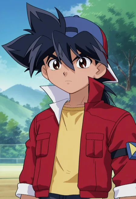 score_9, score_7_up, source_anime
takakinom, 1boy, male focus, solo, brown eyes, black hair, spiked hair, hat, baseball cap, backwards hat, shirt, yellow shirt, jacket, red jacket, popped collar, open jacket, open clothes,
outdoor,