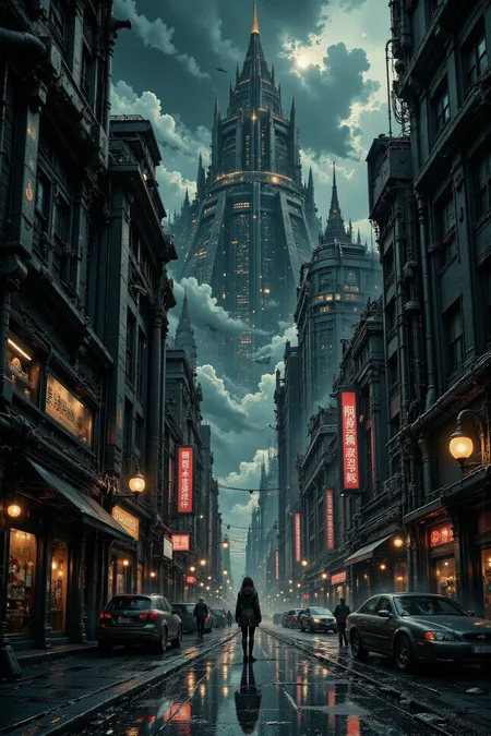 city, street, beautiful misterious futuristic sci-fi cyberpunk landscape, rainy day, woman, very intricate, very detailed, sharp, colorful, <lora:Hand v2:1> <lora:Anti-Blur:1> <lora:Insane Detail Slider:0.5> <lora:Flux.1_Turbo_Detailer:0.6> <lora:flux.1_lora_flyway_Epic-detail_v2:0.6> <lora:flux-charmer-v1-1:0.4><lora:Vibrantly_Sharp_style_v.5:0.4> <lora:The_Dark_Side_Of_The_Future:0.8> <lora:Neurocore Anime Cyberpunk v2.0:0.7> A digital artwork in the style of cknc