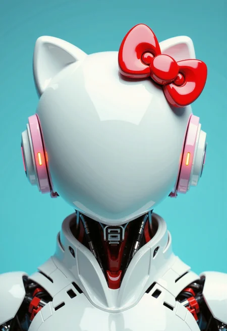 in the style of ckfa, Photorealistic portrait detailing a faceless android bizarrely incorporating the design language and iconic elements of Hello Kitty. Straight-on portrait view, head perfectly level, almost unnervingly placid. The faceless android features a helmet shaped unmistakably like Hello Kitty's head â smooth, rounded, with prominent pointed ear-like structures, constructed from segmented plates of high-gloss, perfectly white polymer. A large, glossy bright red bow is realistically integrated near the left 'ear' segment. Where the face would be, there are no features, only seamless white plating transitioning into extremely intricate detailing: subtle, glowing pink line-work suggests the placement of whiskers, and a small, bright yellow optical sensor glows softly where the nose should be. Extremely intricate mechanical neck and upper torso are visible, showcasing layered plating primarily in glossy white, accented with panels of the same bright red as the bow. Beneath the plates, exposed actuators, bundles of immaculately organized pastel-colored wiring (pinks, light blues, yellows), and complex joints fashioned from polished chrome and white ceramic are visible, creating a stark contrast between the cute aesthetic and the complex machinery. Set against a solid, bright pastel blue, softly blurred backdrop. Bright, clean, almost clinical cinematic lighting accentuates the high-gloss surfaces and the meticulously detailed mechanics. Extreme detail, hyperrealistic textures
