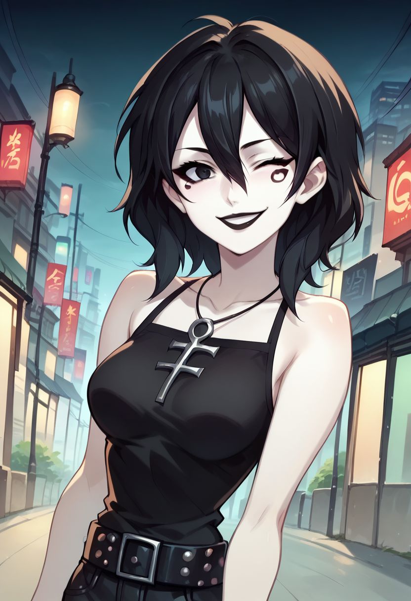 D_endless, anime screencap, 1girl, black eyes, black hair, medium hair, hair between eyes, pale skin, white body, medium breasts, facial mark, ankh necklace, black top, bare shoulders, studded belt, black pants, looking at viewer, black lips, goth, night, smile, one eye closed, skyscraper,, score_9, score_8_up, score_7_up, score_6_up, score_5_up, score_4_up, ponypositive