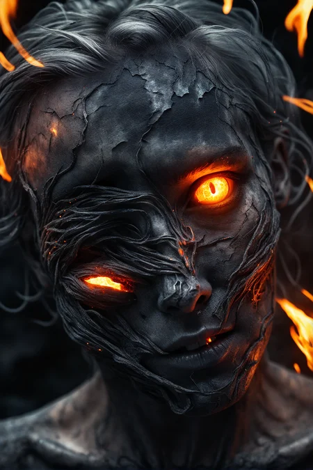 Futuristic portraits, glow-in-the-dark visuals, smoldering skin, fractured earthy tones, magma-inspired aesthetic, neon-lit hazes. Ethereal, luminescent close-ups of human visage, skin substructure cracked, fluid golden cores displayed, apocalyptic embers dancing across ashen manes, charred shadow casting. Surreal high-key photographs, ashen darkskin facade, gleaming iridescent rifts, crackling high-tension microvolcanic lights emerging from smoldering chasms, starlight-flared gaze meeting dark matter mistiness. high contrast, apocalyptic, surreal portrait, lava skin. A low-angle, extreme close-up of a human face, with skin resembling cracked, smoldering pottery, as fiery fissures spread across the cheeks and forehead, revealing a deep glowing orange radiance. Deep within an eerie atmosphere of an otherworldly realm, smoky wisps of gray hair curl around an incandescent face as embers dance upon the smoldering locks, drawing eyes to two fiery orbs that burn like blazing suns amidst a twisted topography of blazing heat. Through an extreme perspective of lens distortion, a vision of a ravaged visage emerges where glimmering orange flares illuminate the planes and angles of a face scorched by infernal heat as blistering smolder transforms into crackling inferno - as with the eerie quality of dreams, all light appears to emanate from an unseen furnace. #surrealportrait #fierytransformation #moltenlavaflows. A human face shatters like fired terracotta, revealing a churning sea of fiery magma beneath the fractured surface as radiant, tangerine fissures illuminate the intense, blazing stare of eyes aglow with infernal ferocity, smoldering silver locks crackle with embers dancing at their extremities, bathed in a fierce chiaroscuro, heightening the surreal, apocalyptic ambiance of an unearthly inferno. Surreal, dystopian visage with smoldering, orange-rimed crevices dissolving the porous, volcanic veneer of skin, molten, candescent lava erupting like liquid fire in a breathtaking spectacle of primeval, burning chaos, fiery, aquiline eyes blazing with the furor of a thousand volcanic eruptions as wild, sooty strands writhe like living, ashen snakes, crackling with a swarm of incandescent sparks that amplify the mesmerizing drama of an otherworldly, blazing apocalypse. Fiery, abstract close-up of a fractured, humanoid visage with smoldering, apocalyptic energy exploding from beneath its desolate, parched surface, scorched, dark siliceous platelets shift and fragment like arid, cracked earth, revealing glimpses of churning, feral, pyroclastic lava as eyes like hot, blazing coals shine with an arcane, anagogic power, a grey, smoke-tinged coiffure ripples with turbulent, lambent sparks that intensify the hypnotic, dreamlike quality of an apocalyptic world forever lost in swirling, pyrogenic chaos, Futuristic portraits, glow-in-the-dark visuals, smoldering skin, fractured earthy tones, magma-inspired aesthetic, neon-lit hazes. Ethereal, luminescent close-ups of human visage, skin substructure cracked, fluid golden cores displayed, apocalyptic embers dancing across ashen manes, charred shadow casting. Surreal high-key photographs, ashen darkskin facade, gleaming iridescent rifts, crackling high-tension microvolcanic lights emerging from smoldering chasms, starlight-flared gaze meeting dark matter mistiness. high contrast, apocalyptic, surreal portrait, lava skin. A low-angle, extreme close-up of a human face, with skin resembling cracked, smoldering pottery, as fiery fissures spread across the cheeks and forehead, revealing a deep glowing orange radiance. Deep within an eerie atmosphere of an otherworldly realm, smoky wisps of gray hair curl around an incandescent face as embers dance upon the smoldering locks, drawing eyes to two fiery orbs that burn like blazing suns amidst a twisted topography of blazing heat. Through an extreme perspective of lens distortion, a vision of a ravaged visage emerges where glimmering orange flares illuminate the planes and angles of a face scorched by infernal heat as blistering smolder transforms into crackling inferno - as with the eerie quality of dreams, all light appears to emanate from an unseen furnace. #surrealportrait #fierytransformation #moltenlavaflows. A human face shatters like fired terracotta, revealing a churning sea of fiery magma beneath the fractured surface as radiant, tangerine fissures illuminate the intense, blazing stare of eyes aglow with infernal ferocity, smoldering silver locks crackle with embers dancing at their extremities, bathed in a fierce chiaroscuro, heightening the surreal, apocalyptic ambiance of an unearthly inferno. Surreal, dystopian visage with smoldering, orange-rimed crevices dissolving the porous, volcanic veneer of skin, molten, candescent lava erupting like liquid fire in a breathtaking spectacle of primeval, burning chaos, fiery, aquiline eyes blazing with the furor of a thousand volcanic eruptions as wild, sooty strands writhe like living, ashen snakes, crackling with a swarm of incandescent sparks that amplify the mesmerizing drama of an otherworldly, blazing apocalypse. Fiery, abstract close-up of a fractured, humanoid visage with smoldering, apocalyptic energy exploding from beneath its desolate, parched surface, scorched, dark siliceous platelets shift and fragment like arid, cracked earth, revealing glimpses of churning, feral, pyroclastic lava as eyes like hot, blazing coals shine with an arcane, anagogic power, a grey, smoke-tinged coiffure ripples with turbulent, lambent sparks that intensify the hypnotic, dreamlike quality of an apocalyptic world forever lost in swirling, pyrogenic chaos, epic composition, intricate detail, cinematic, consistent, complex futuristic altered color, polished, sharp focus, extremely detailed, professional, innocent