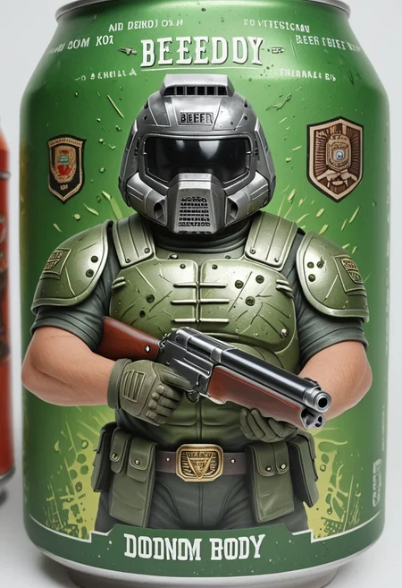 beerlabel, green beer can, (doomguy, 1boy, armor, helmet, shotgun), solo