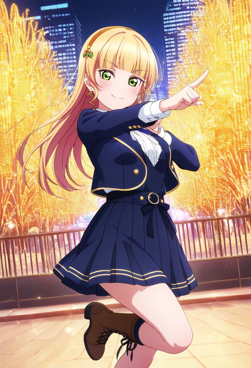 masterpiece, best quality, solo, 1girl, aged up, happy, 
 heanna_sumire, sumire_heanna, long hair, bangs, blonde hair, green eyes, blunt bangs, hairband, orange hairband, chic fashion idol look, asymmetrical skirt, stylish blazer with gold trim, lace-up boots, star earrings, rooftop stage at night, city lights glowing below, spotlight beams crossing in the sky, striking a dramatic pose, glamorous and powerful energy