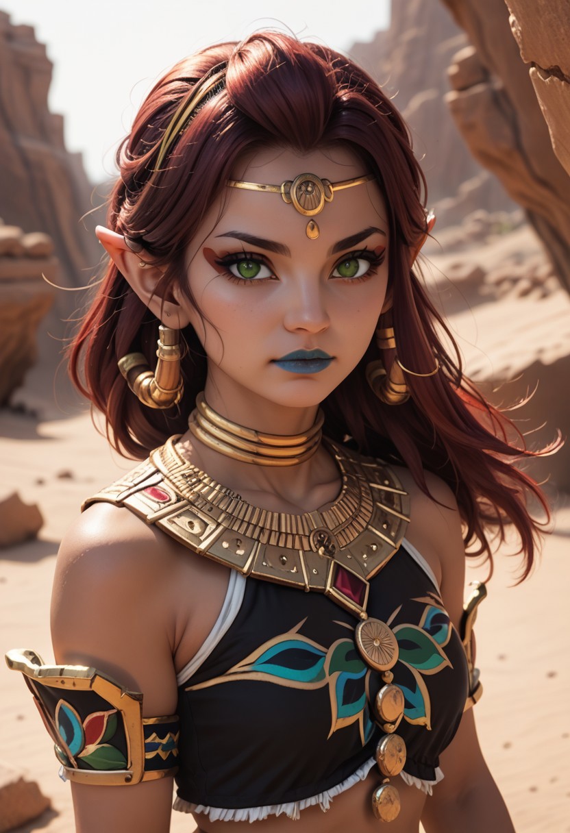 score_9, score_8_up, score_7_up, score_6_up, riju, 
1girl, solo, looking at viewer, long hair, gold, jewelry, green eyes, red hair, pointy ears, dark-skinned female, makeup, lipstick,  neck ring, blue lips, breasts
cowboy shot, dutch angle, desert background, lightning, SK_Fantasy,
<lora:riju_pdxl6:1>  <lora:Smooth Anime Style LoRA XL:1>