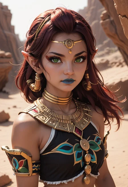 score_9, score_8_up, score_7_up, score_6_up, riju,
1girl, solo, looking at viewer, long hair, gold, jewelry, green eyes, red hair, pointy ears, dark-skinned female, makeup, lipstick, neck ring, blue lips, breasts
cowboy shot, dutch angle, desert background, lightning, SK_Fantasy,
<lora:riju_pdxl6:1> <lora:Smooth Anime Style LoRA XL:1>