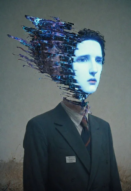 He lifts his head from his head, his eyes on strands of eyes, and in the glitch light handmade and homespun, he sees the visions of pasts lost in enigmatic phantoms and faces of light