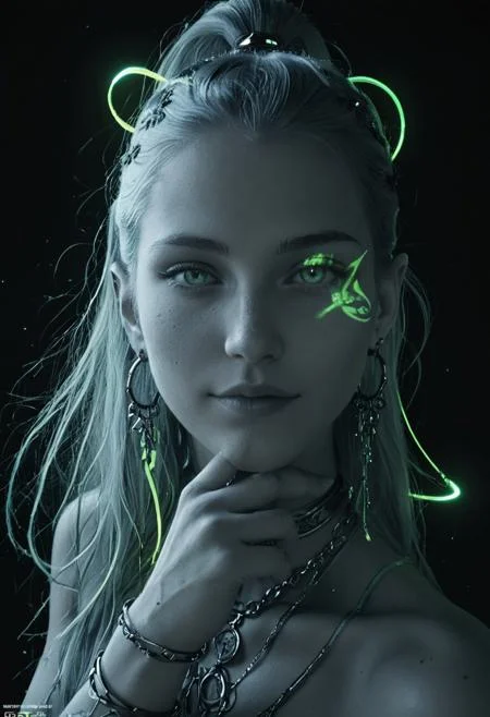 score_10_up, score_9_up, score_8_up, score_7_up, score_10, score_9, score_8, score_7, ponytail, colored skin, 1girl, piercing, long hair, elf, large breasts, blue hair, jewelry, anklet, earrings, breasts, Photo Focus, DOF, ((limited palette:1.3)), monochrome, (black background), colorful, vibrant, ((glowing outline:1.2)), green neon, ((green light trails surrounding her:1.3)), godrays, blacklight, looking at viewer, masterpiece, very aesthetic