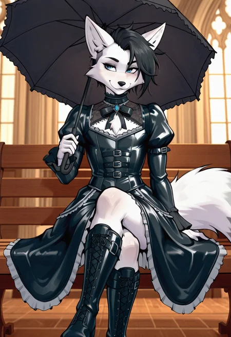 solo, furry, fox, man, male, slim, androgynous, white fur, short hair, black hair, sidecut, blue eyes, taunting smile, black gothic dress, gothic clothing, big ribbon on his chest, black leather boots, in a church, sitting on a church bench, holding a black umbrella, styleakramness, vehn