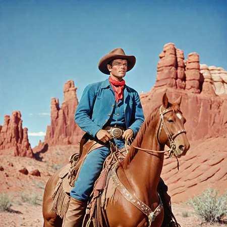 <lora:30s_Technicolor_MovieSDXL:1> ArsMovieStill, movie still from a 1930s technicolor movie, The image shows a cowboy on horseback in a desert landscape with red rock formations and a vivid blue sky, embodying the classic Western, 1man, solo, cowboy hat, horseback, rugged, adventure, desert, outdoors, western