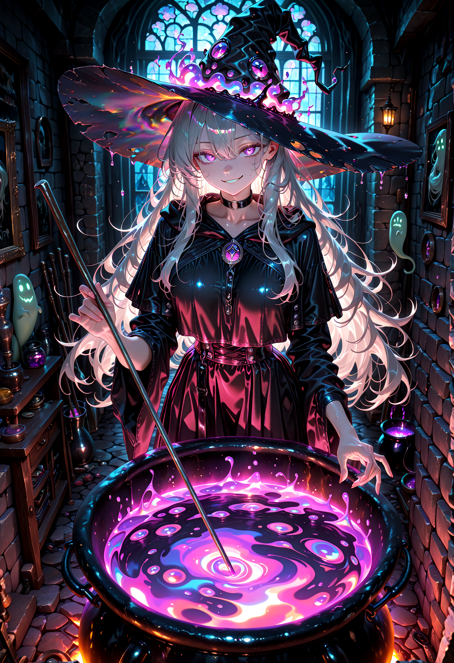 masterpiece, best quality, amazing quality, very aesthetic, absurdres,  newest,
1girl,purple eyes,grey hair,long hair, witch hat,ectoplasm
(cauldron stirring_rod:1.2) looking at viewer from front smirk 
dark bacground,stone_wall (ghost:0.9),indoors,
{{best_quality}},{luster},{{amazing_quality,very_aesthetic}},
masterpiece, best quality, amazing quality, very aesthetic, absurdres,  newest, volumetric lighting, <lora:spo_sdxl_10ep_4k-data_lora_webui:1> <lora:holographiccolor:0.85> <lora:nyaliaXLNB11lokrV531:0.075> <lora:illustrious_quality_modifiers_masterpieces_v1:0.01> <lora:lightingSlider:-1>