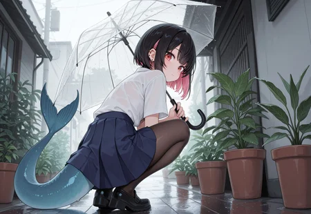 masterpiece, best quality, amazing quality, 1girl, transparent, transparent umbrella, skirt, solo, umbrella, tail, holding, red eyes, shirt, looking at viewer, holding umbrella, piercing, ear piercing, white shirt, blue skirt, multicolored hair, black hair, squatting, plant, pleated skirt, short hair, pink hair, colored inner hair, pantyhose, looking back, virtual youtuber, closed mouth, outdoors, potted plant, earrings, fish tail, jewelry, tonerostyle