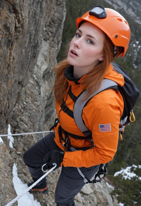 sdxl_jessidom, a mountain rescue worker rappelling down a steep cliff face in wind-whipped snow, wearing insulated orange gear and helmet, carabiners and ropes clinking as she descends toward a stranded hiker, snow dusting her flushed cheeks, expression focused and fearless, mood of survival, grit, and rugged nobility