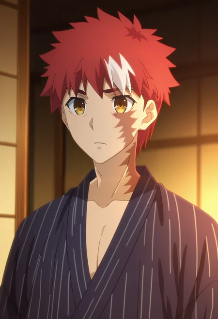 masterpiece, best quality, amazing quality,high resolution, intricate details,depth of field, anime screencap, anime coloring , , , 1boy, solo, male focus, <lora:Shirou_Emiya:0.88>, shirou emiya, red hair, yellow eyes, short hair, white streak,kimono, burn scar,upper body