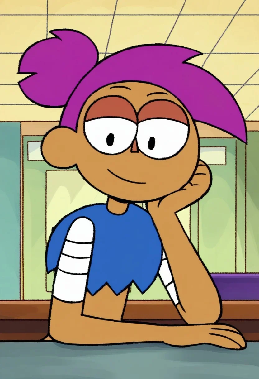 score_9_up, 1girl, solo, 3nid, dark-skinned female, purple hair, crop top, looking at viewer, smile, desk, head rest, indoors
