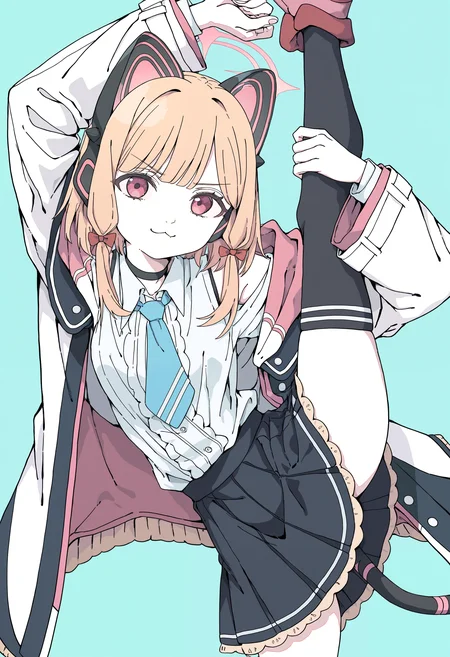 masterpiece, absurdres, newest, very awa, 1girl, solo, momoi \(blue archive\), cat ear headphones, fake animal ears, white shirt, off-shoulder white jacket, frilled shirt, blue necktie, thighighs, fake tail, black skirt, halo, standing on one leg, standing split, v-shaped eyebrows, :3, arms up, aqua background, <lora:haku_geroda>,