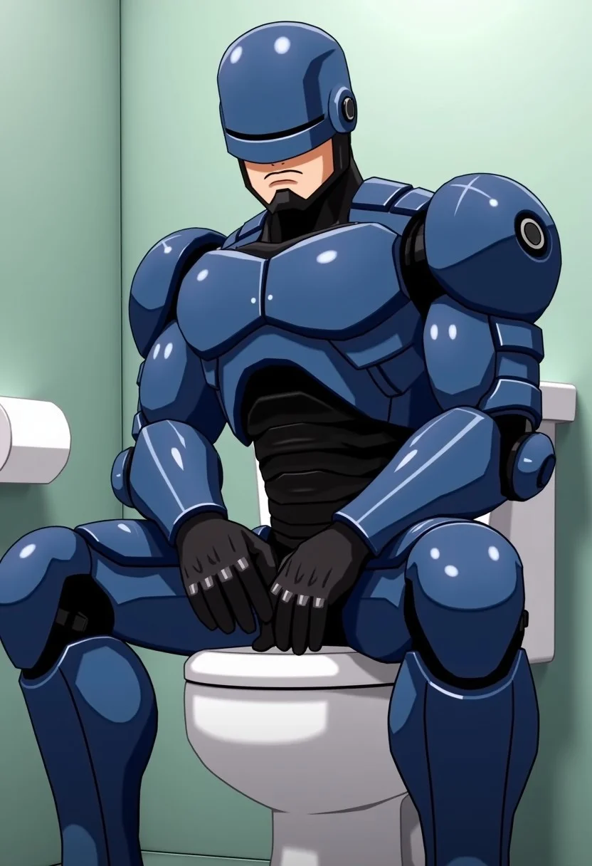 disgaea7style anime, Robocop sitting on the toilet.