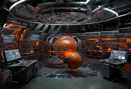 sci-fi computer station, multiple projected screens, planet blueprint on screens, orange color only while the rest are grey, hacking theme, computers around, server racks around, giant sci-fi computer in the middle, data storages, low camera angle