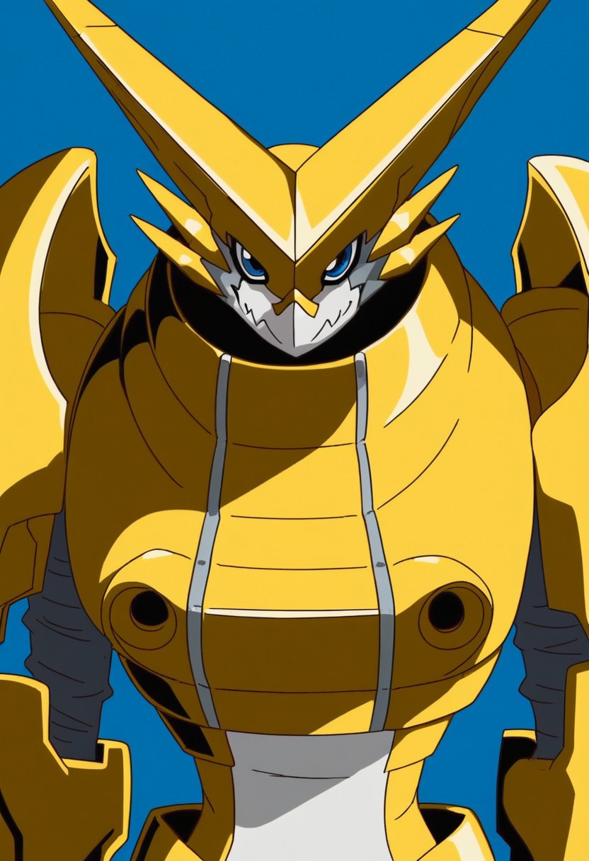 score_9, score_8_up, score_7_up, masterpiece, best quality, highly detailed, realistic, 1girl, solo, (OmegaShoutmon, furry, anthro, scalie, wingless dragon, blue eyes, white mouth, armor, gold armor, upper body, close-up), looking at viewer, smile, closed mouth, Expressiveh, blue background, simple background, standing, arms down
