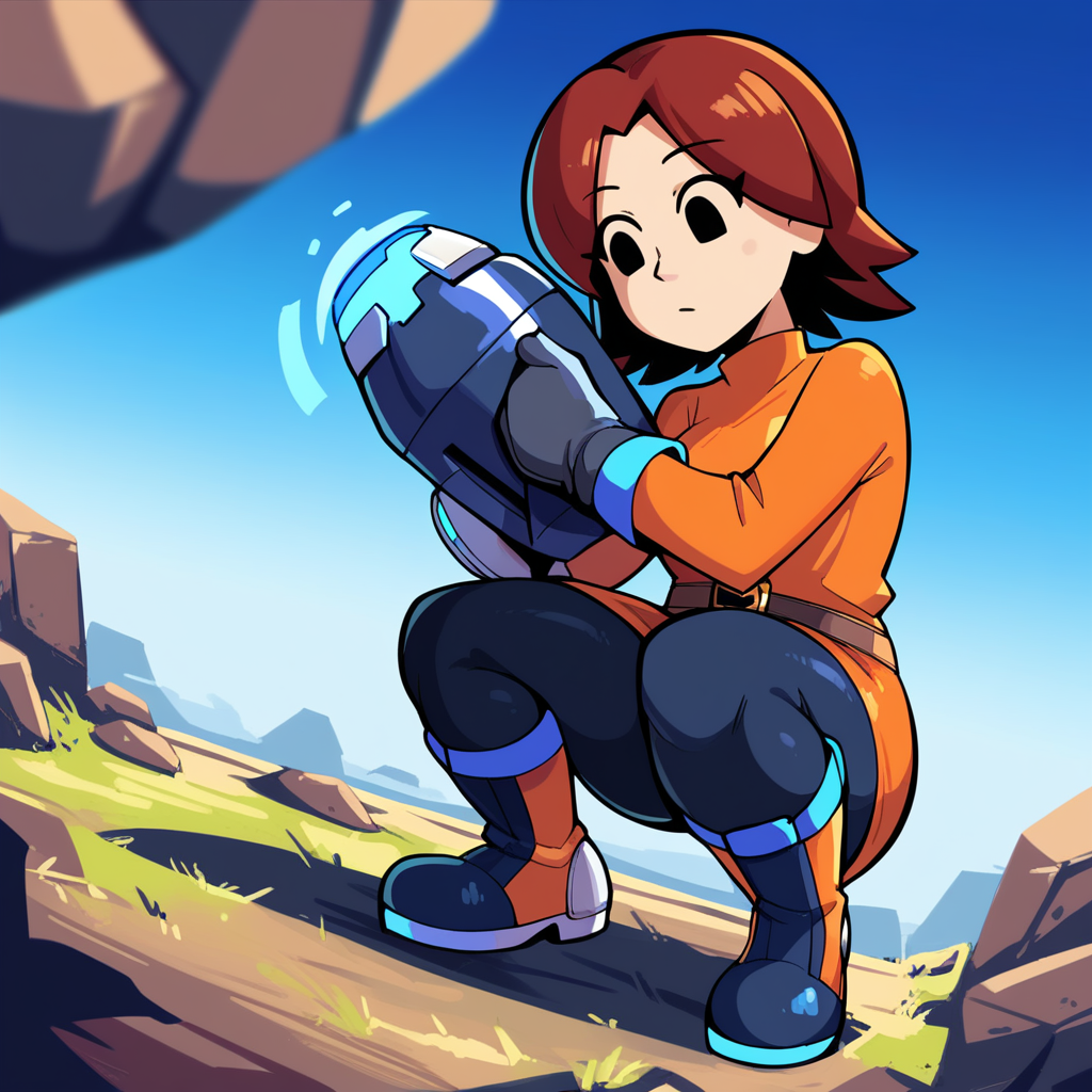 score_9, score_8_up, score_7_up, score_6_up, best quality, masterpiece, source_anime, detailed background, blue background, rocks, BREAK 1girl, mii_gunner_(\smash_bros_4\), large head, amber hair, female, black eyes, dot eyes, orange dress, long sleeves, black pants, boots, belt, gloves, arm cannon, squatting, looking down, thick thighs, dutch angle  <lora:PDXL_MiiGunner_S4:1>