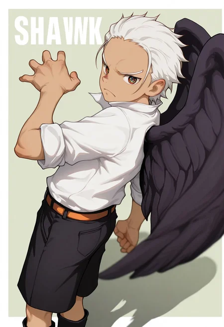1boy,SHawk, White Hair, Orange Eyes, Star Shaped Pupils, Tan Skin, Black Wings, White Shirt, Sleeves Rolled Up, Black Shorts, Belt, Black Boots, 
looking at viewer, dynamic expression,
male focus, 1boy, solo, cowboy shot, from side,
cover page, cover, foreshortening, green background, white background, graphic border, cinematic, intricately detailed illustration, depth of field, masterpiece, best quality, amazing quality, very aesthetic, absurdres, newest, very awa,  shadow, dynamic angle, casual cosplay, dynamic pose, beitemian style