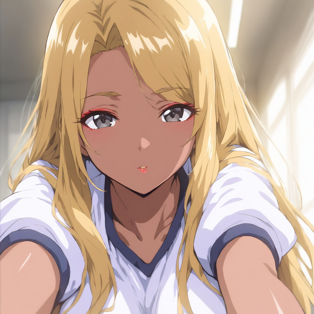 solo,looking at viewer,upper_body,masterpiece,high score,great score,absurdres,gym uniform,<lora:Furyou2_kisaku ag4o v1:1> furyoushoujo2, blonde hair, long hair, dark skin, black eyes, makeup,