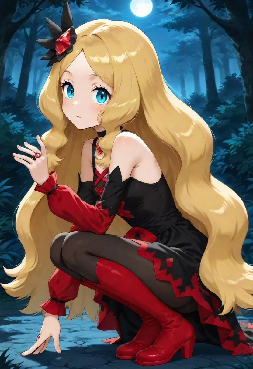 2d, masterpiece, best quality, amazing quality, 1girl, solo, squatting, from side, night, moonlight, sky, petting, def colors, [[caitlin \(pokemon\)]], blue eyes, eyelashes, blonde hair, very long hair, hair ornament, red gemstone, jewelry, gemstone ring, black dress, cross-laced dress, choker, detached sleeves, long sleeves, bare shoulders, thigh boots, black pantyhose, red footwear