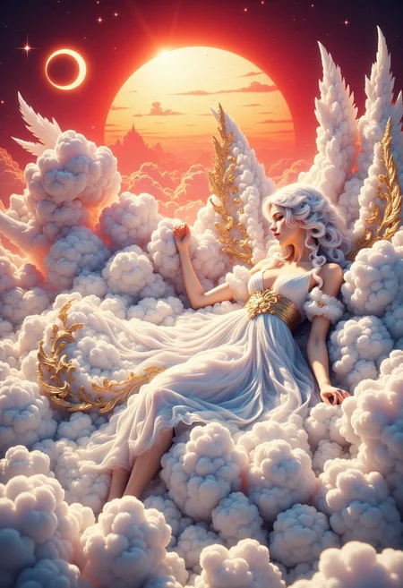 masterpiece, an extremely delicate and beautiful, extremely detailed, 2k wallpaper, Amazing, finely detail, a female angel is lying on a cloud and sleeping. wearing a white dress with golden complex details. sun in background. DreamArt, made out of clouds, vivid colors, vivid background, red sun