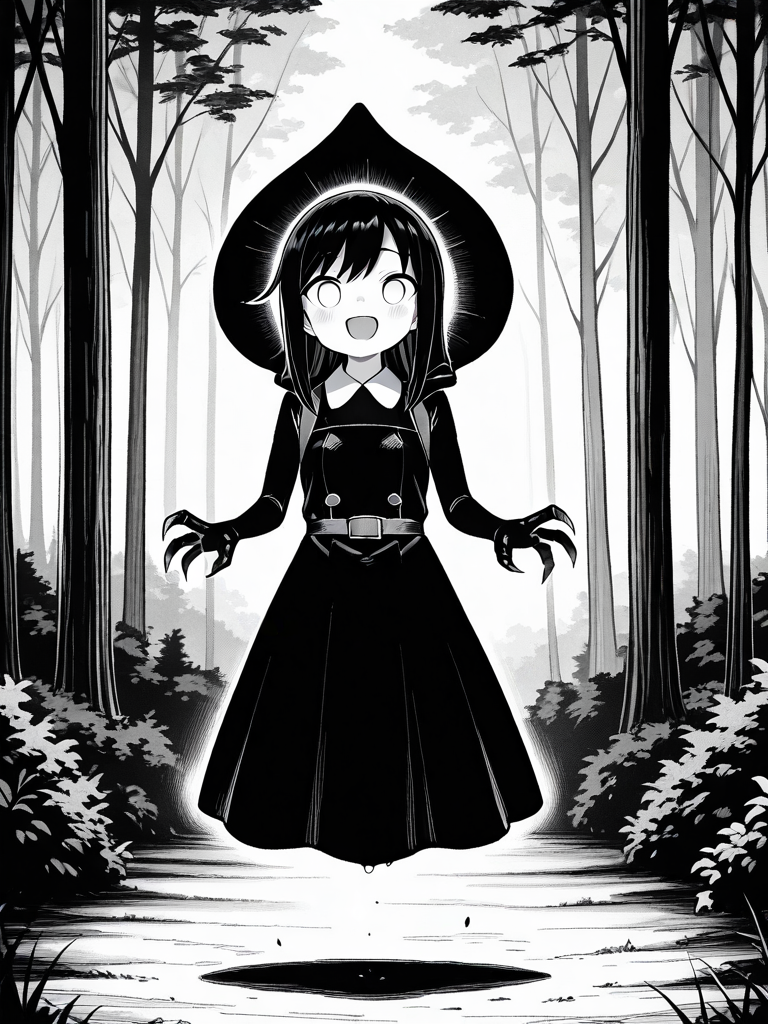 <lora:IL_flatwoods_monster:1>,flatwoods_monster/(Character/),forest,monochrome,floating,no humans,blank eyes,
claws,dress,hood,asashio \(kancolle\),open smile,moving,, masterpiece,best quality,amazing quality,very aesthetic,absurdres,