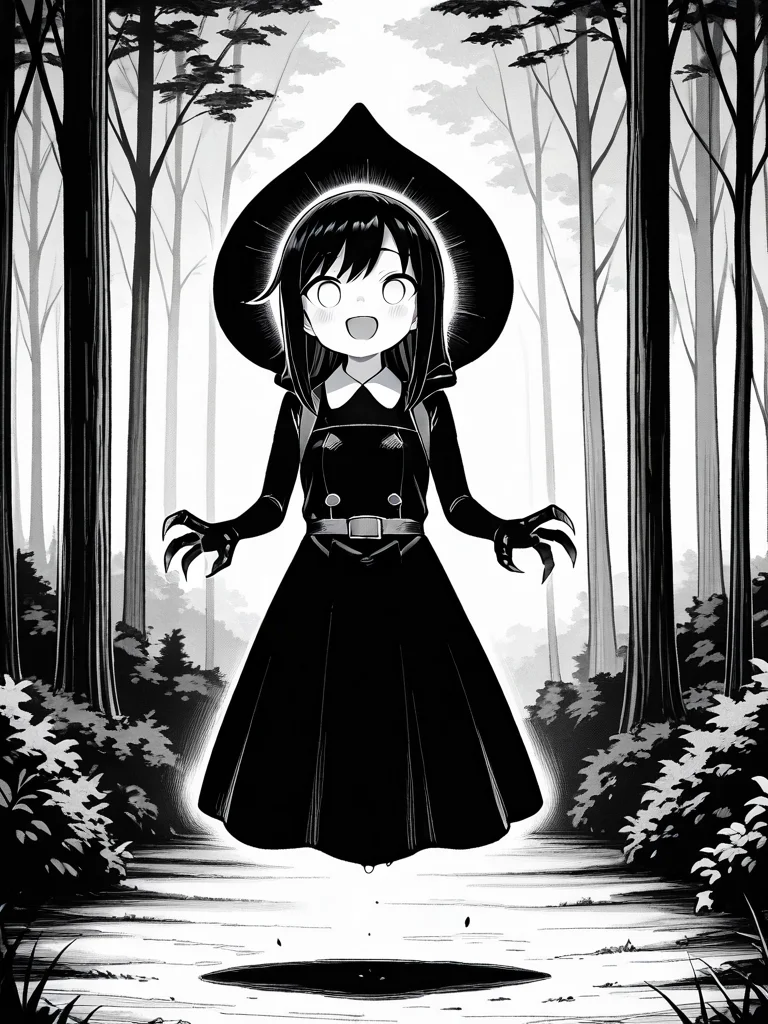 <lora:IL_flatwoods_monster:1>,flatwoods_monster/(Character/),forest,monochrome,floating,no humans,blank eyes,
claws,dress,hood,asashio \(kancolle\),open smile,moving,, masterpiece,best quality,amazing quality,very aesthetic,absurdres,