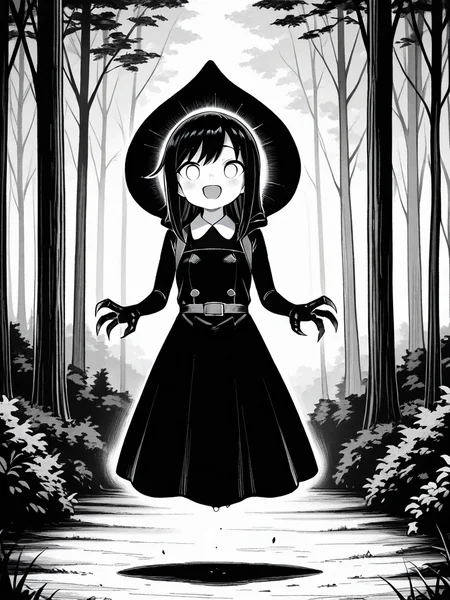 <lora:IL_flatwoods_monster:1>,flatwoods_monster/(Character/),forest,monochrome,floating,no humans,blank eyes,
claws,dress,hood,asashio \(kancolle\),open smile,moving,, masterpiece,best quality,amazing quality,very aesthetic,absurdres,