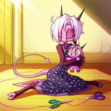 score_9, score_8_up, score_7_up,namah_calah,
1girl,solo,furry,tail, source_furry,horns,
,<lora:namah_calah_illustrious:0.8>,
child, kid,
Sewing a plush toy, needle, thread, plushie, fabric_scraps, scissors, polka_dot_dress, wooden_floor, sunlight, ribbon