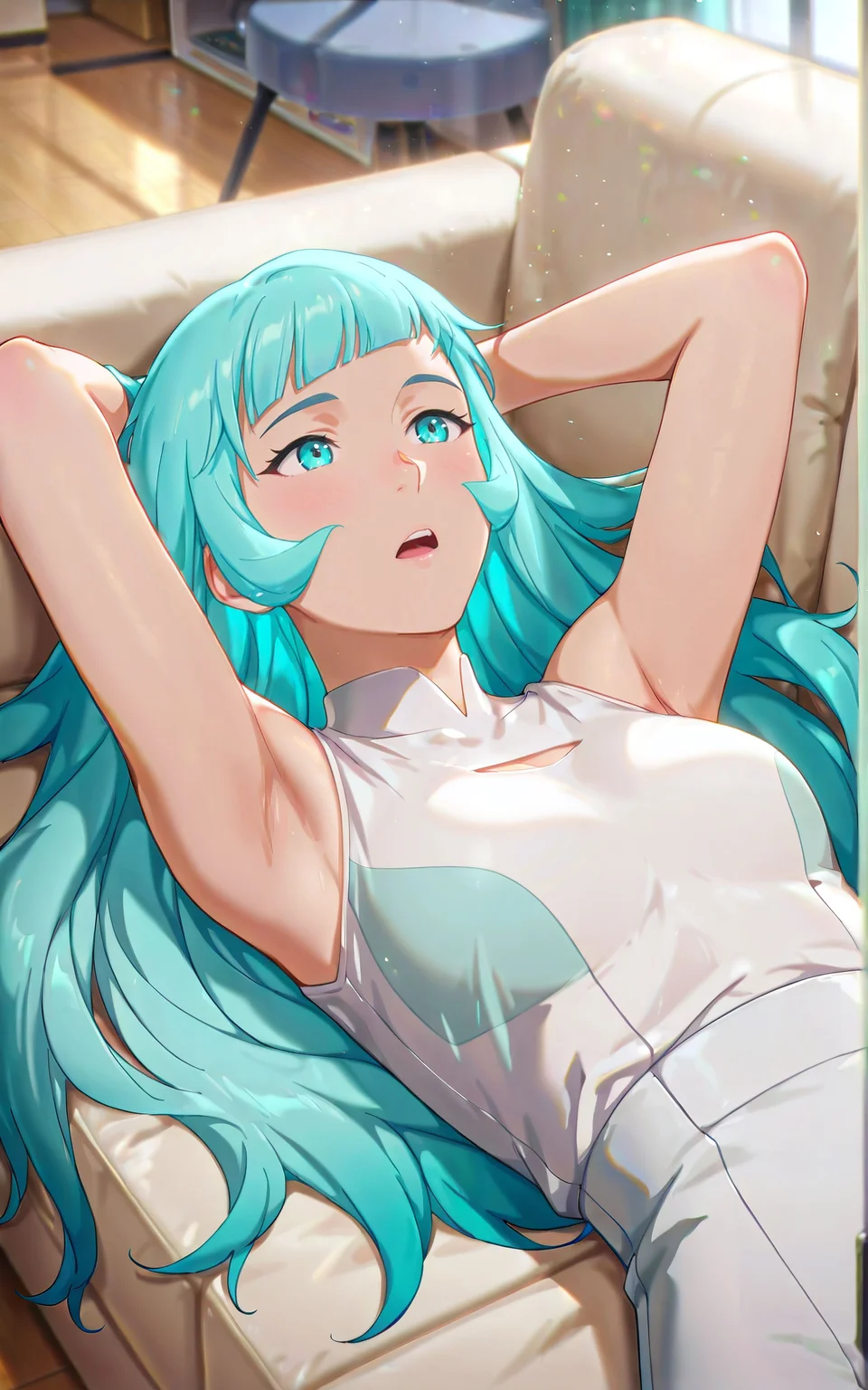((Masterpiece, Ultra Detail, Best Quality, Anatomically Correct, Upper Body View))
lying on a Sofa, inside a livingroom of a Digital World <lora:Mist_Pantheon:1> M1st, 1girl, aqua eyes, aqua hair, long hair, bangs, arms behind head