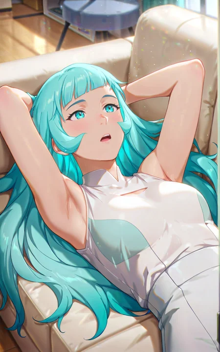 ((Masterpiece, Ultra Detail, Best Quality, Anatomically Correct, Upper Body View)) 
lying on a Sofa, inside a livingroom of a Digital World <lora:Mist_Pantheon:1> M1st, 1girl, aqua eyes, aqua hair, long hair, bangs, arms behind head