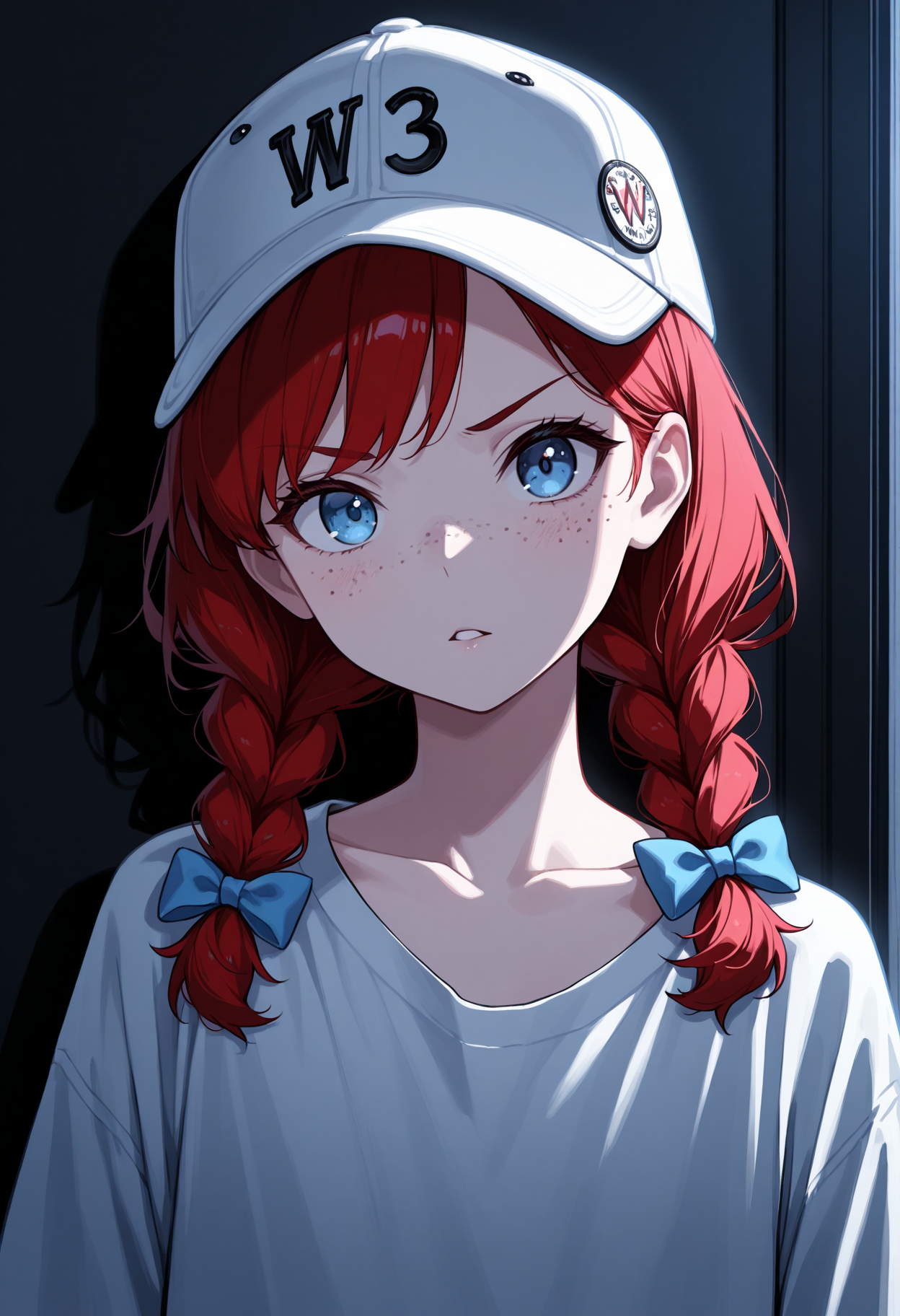 masterpiece, best quality, 1girl, solo, w3ndys, freckles, long hair, red hair, low twin braids, hair bow, blue bow, baseball cap, fashion, hat, hat pin, oversized clothes, oversized shirt, streetwear, indoors, portrait, head tilt, blue eyes, collarbone, dark, shadow, night, looking at viewer, v-shaped eyebrows, parted lips