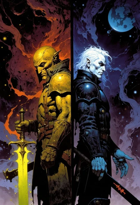a comic book style dyptich split 2 panel painting, back to back, on the left a side view of helmeted chaos knight in bright yellow armor holding a great sword of rainbow flames, spiked pauldrons, on the right is a side view of a male white haired albino elf in black plate armor holding a black longsword with "स्टोर्मबृंगेर" in glowing red runes on the blade, ((high fantasy space background))