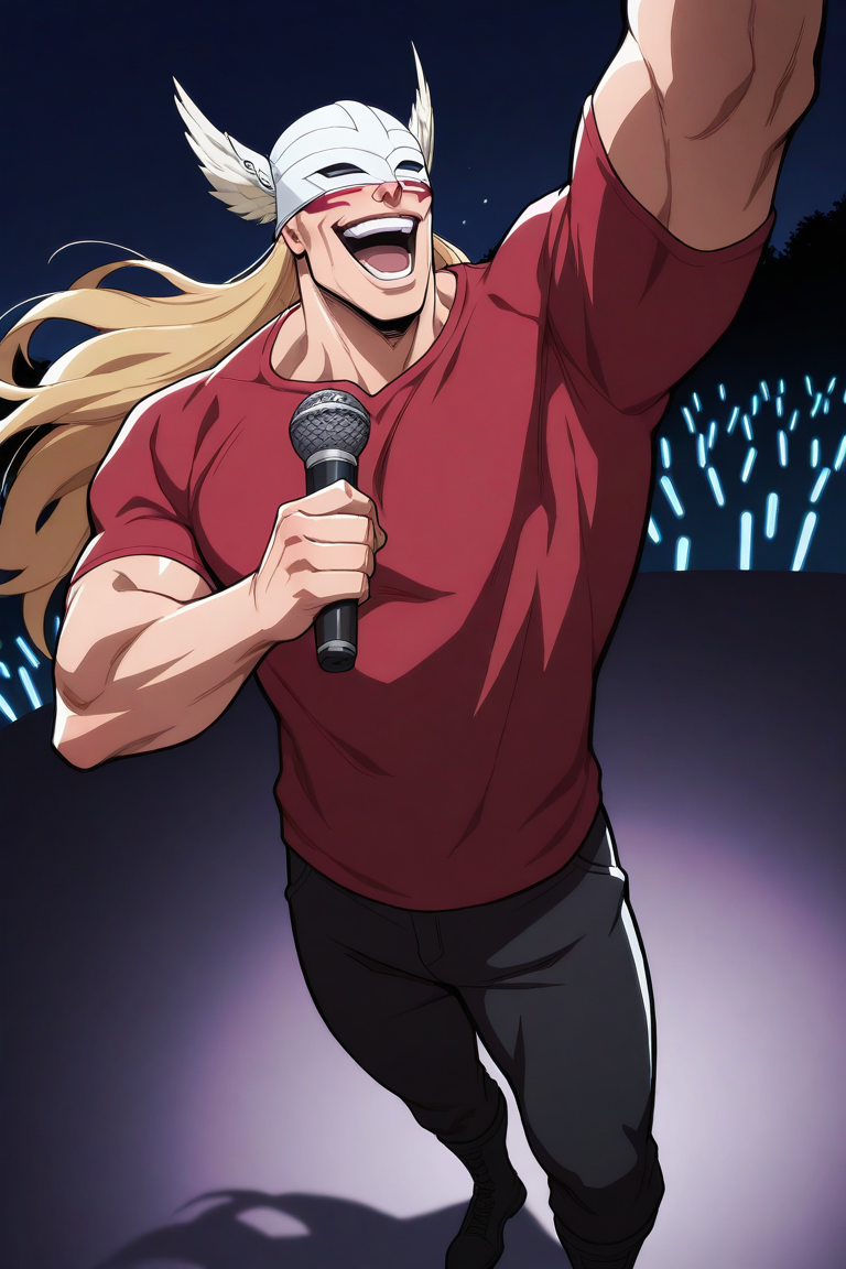 realistic shading, dimlighting, expressive happy face, male focus, gerardblch, blonde_gerardblch_long hair, white-yellow_gerardblch_winged helmet, black_gerardblch_vine-leaf circlet, red_gerardblch_facepaint, covered eyes, sunglasses, 1boy, looking away, wide smile, open mouth, shiny skin, singing, one arm up, holding microphone, rockstar cosplay, pruplish red clothes, legs, night outdoors concert, dark environment, glowsticks, on stage, surreal, symbolic background, shadow, foreshortening, dutch angle, dynamic angle, dynamic action, atmospheric perspective, cinematic, intricately detailed illustration, depth of field, masterpiece, best quality, amazing quality, very aesthetic, absurdres, newest, anime screencap