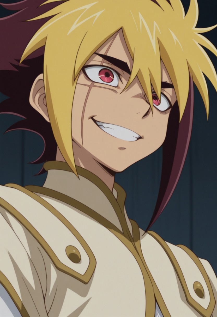 masterpiece,best quality,amazing quality, source_anime, 
Thomrclight, 1boy, male focus, solo, red eyes, scar across eye, multicolored hair, brown hair, blonde hair, shirt, white shirt, coat, brown coat, short over long sleeves, portrait, grin,