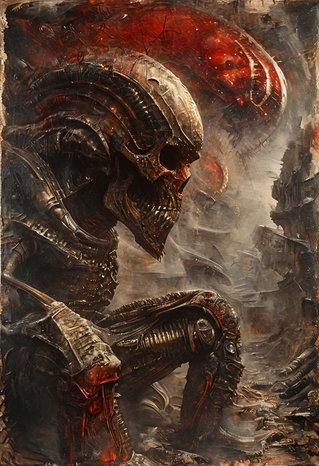 Space warrior portrait oil stains mixed with (((doom sleer))) caste. wearing a Soviet space suit with a red star on the helmet,USSR, H. R. Giger style but depicted as an oil painting, solo portrait, oil painting, masterpiece,best quality,style of H. R. Giger.