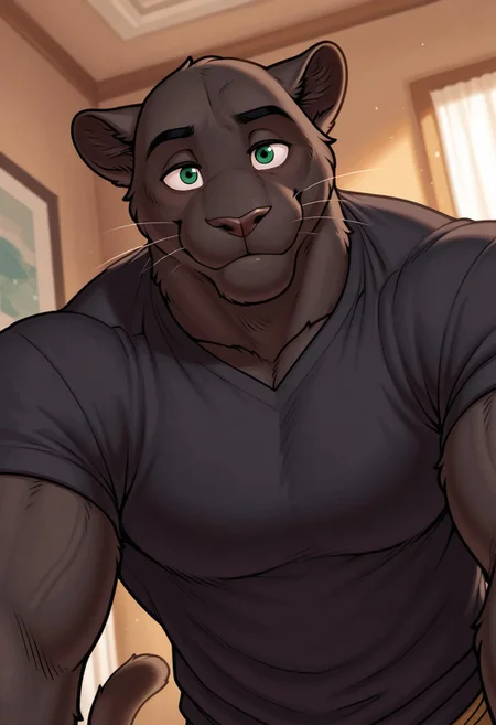 JoePL, solo, furry, panther, perfect eyes, perfect face, smile, black fur, tail, green eyes, muscular, bara, athletic build, large muscles, manly, huge pectorals, dynamic angle, face focus, portrait, black shirt, unparalleled masterpiece, best quality, amazing quality, very aesthetic, high resolution, 4K, extremely-detailed, depth of field, high sharpness, newest, scenery, detailed fur, detailed muscles, cinematic lighting <lora:Joev1:1>