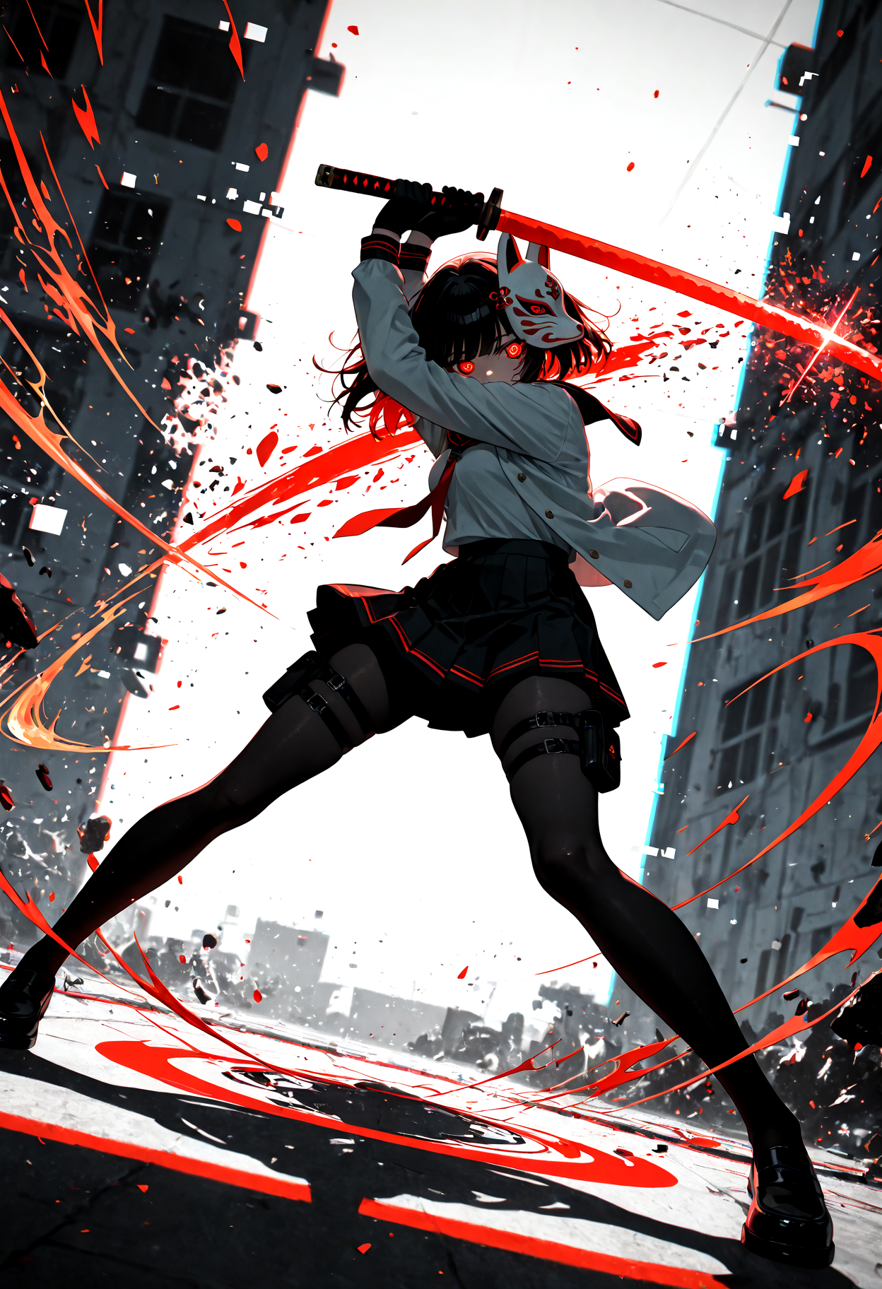 1girl, action pose, fox_mask, fox fire, mechanical eye, holding sword, school uniform, harness, thigh pouch, silhouette art, glitch art, virtual, colored shadow, geometry, monochrome, local color adaptation, hdr, (disintegration effect:1.4), (chromatic aberration, polarized:1.2), (blurry:1.4), masterpiece, best quality, amazing quality, very aesthetic, absurdres, newest,