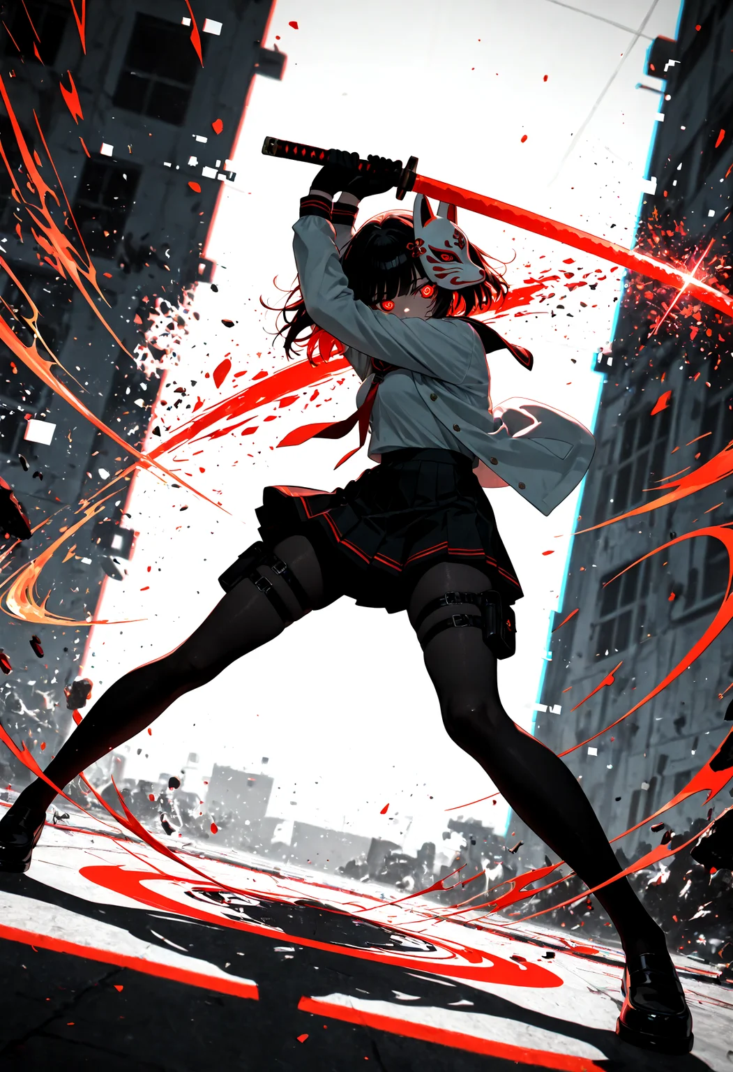 1girl, action pose, fox_mask, fox fire, mechanical eye, holding sword, school uniform, harness, thigh pouch, silhouette art, glitch art, virtual, colored shadow, geometry, monochrome, local color adaptation, hdr, (disintegration effect:1.4), (chromatic aberration, polarized:1.2), (blurry:1.4), masterpiece, best quality, amazing quality, very aesthetic, absurdres, newest,